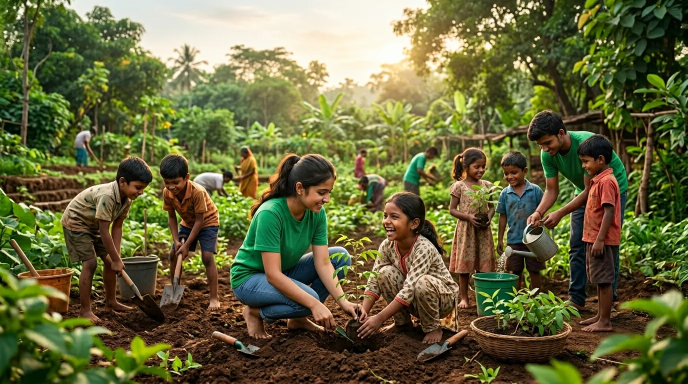 Children planting saplings with volunteers